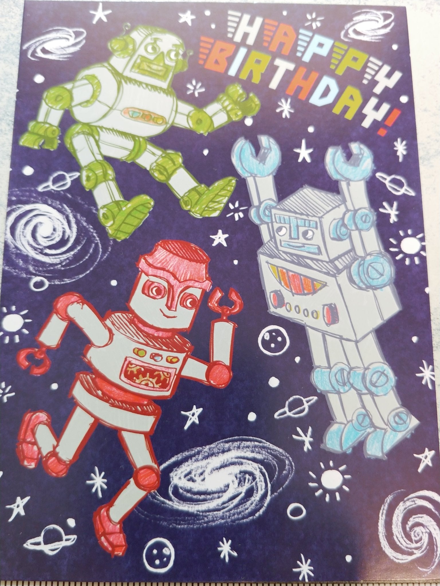 Silver Robots Birthday Card - Spiral Circle