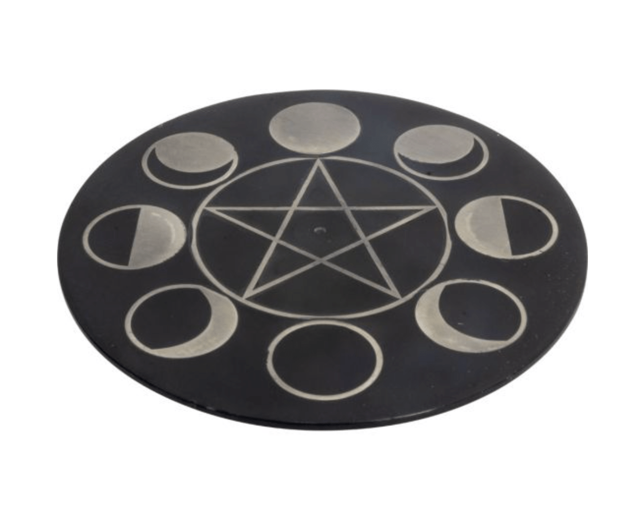 Soapstone Round Incense Holder w/ Silver Inlay | Moon Phases Pentacle - Spiral Circle