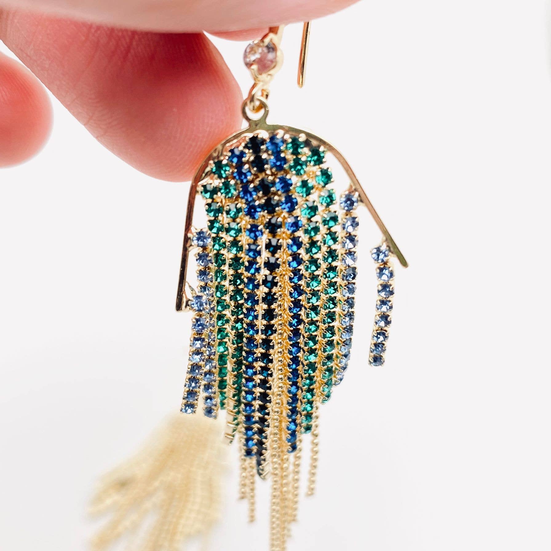 Sparkling Colored Rhinestone Tassel Dangle Earrings - Spiral Circle