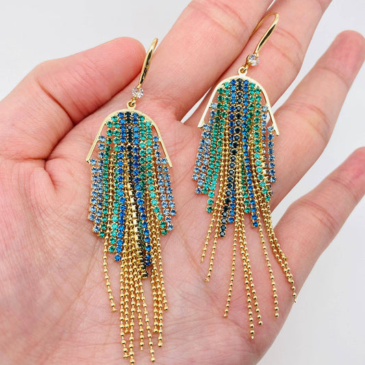 Sparkling Colored Rhinestone Tassel Dangle Earrings - Spiral Circle
