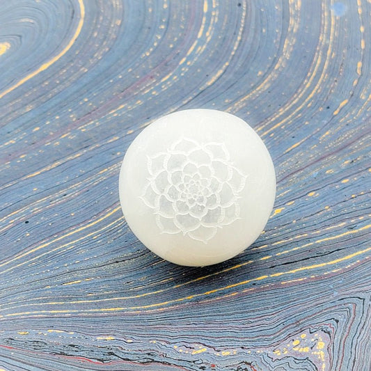Sphere | Selenite | Engraved Lotus | 3" - Spiral Circle