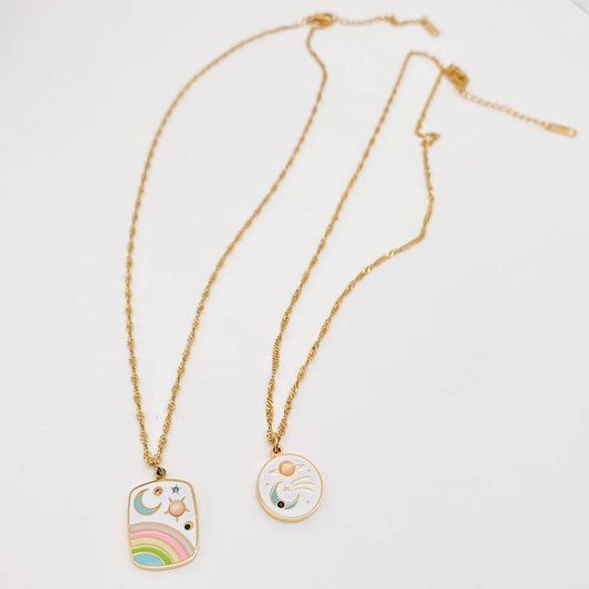Star Moon Rainbow Necklace - Spiral Circle