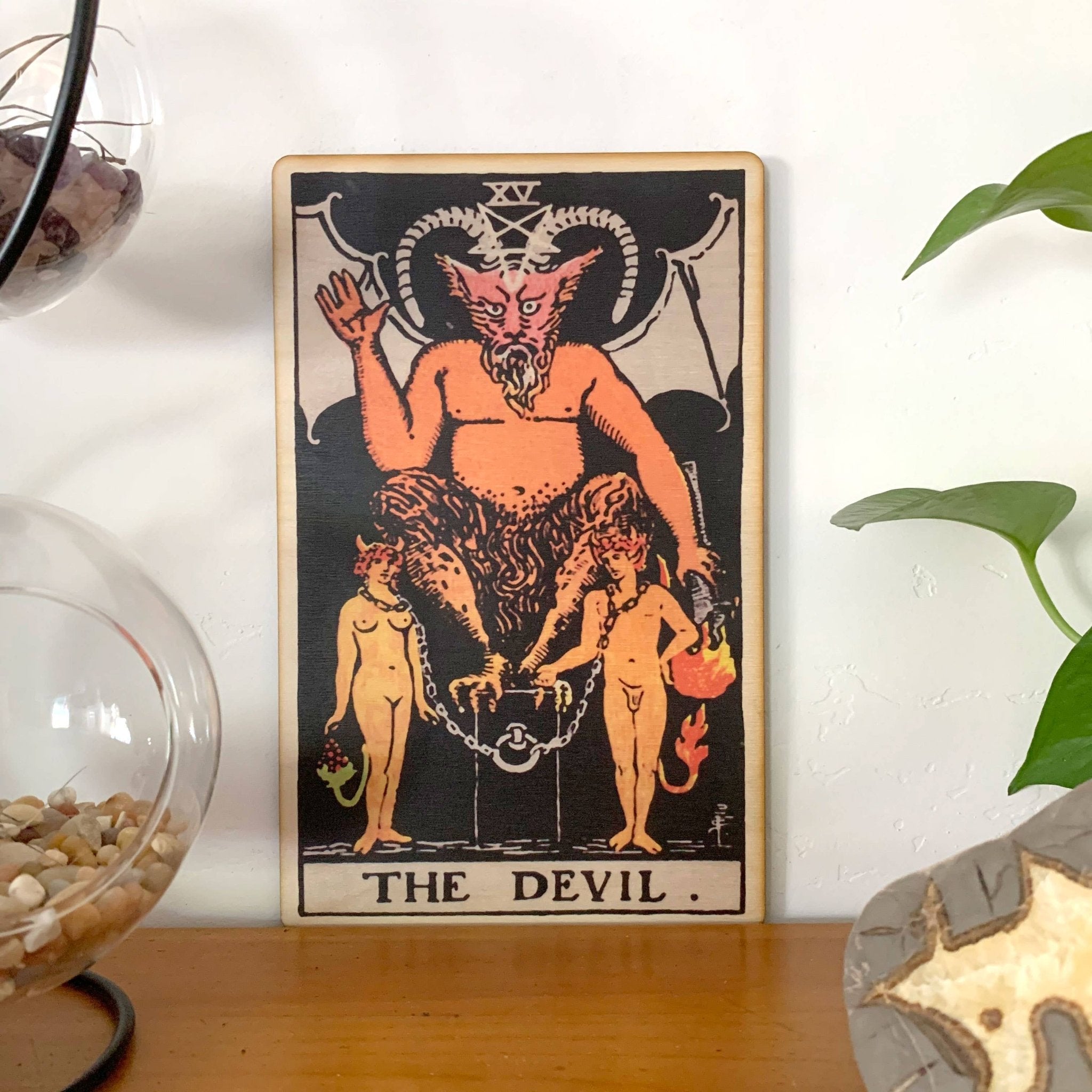 Tarot - 15 - The Devil Full Color Wood Wall Art - Spiral Circle