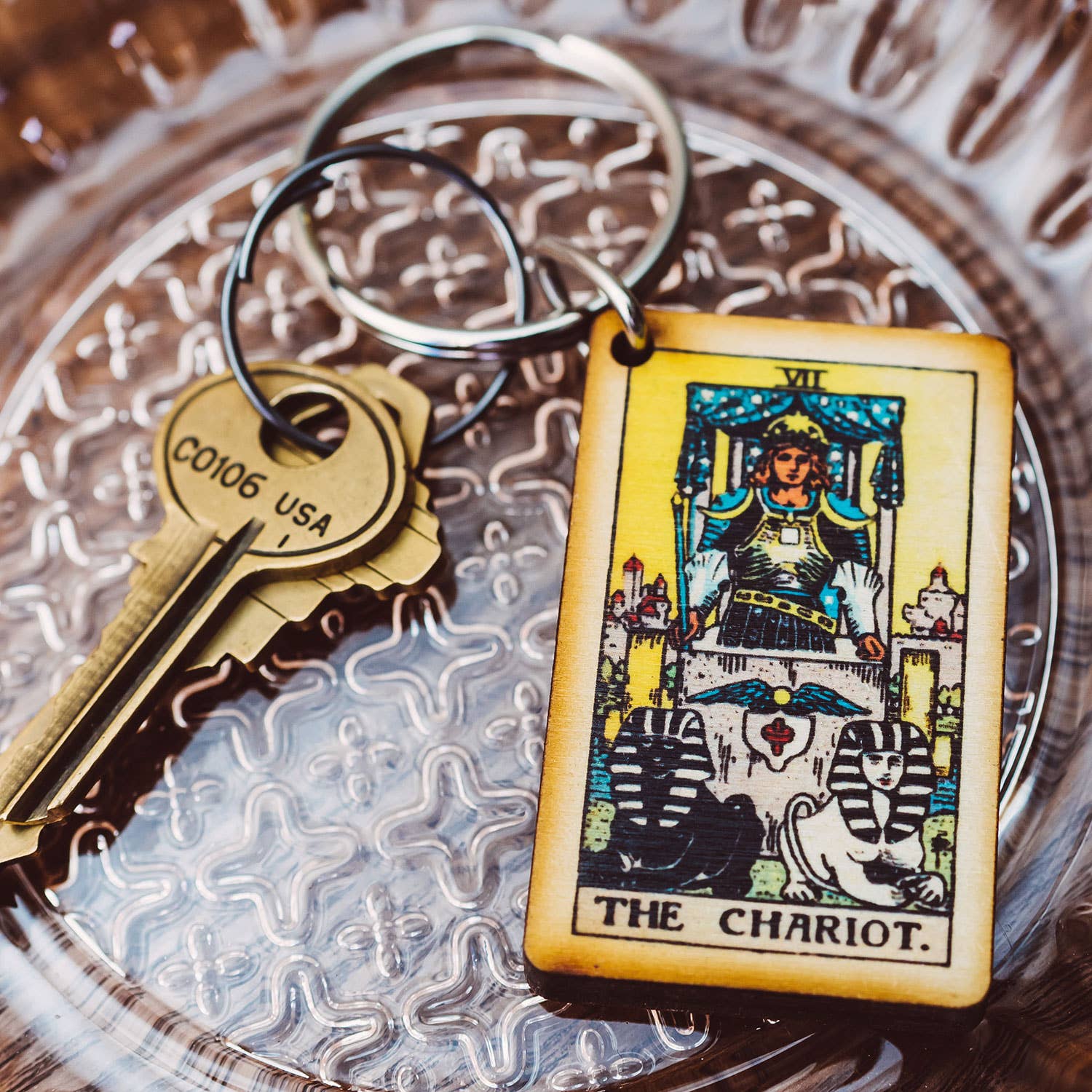 Tarot | The Chariot Full Color Wooden Keychain - Spiral Circle