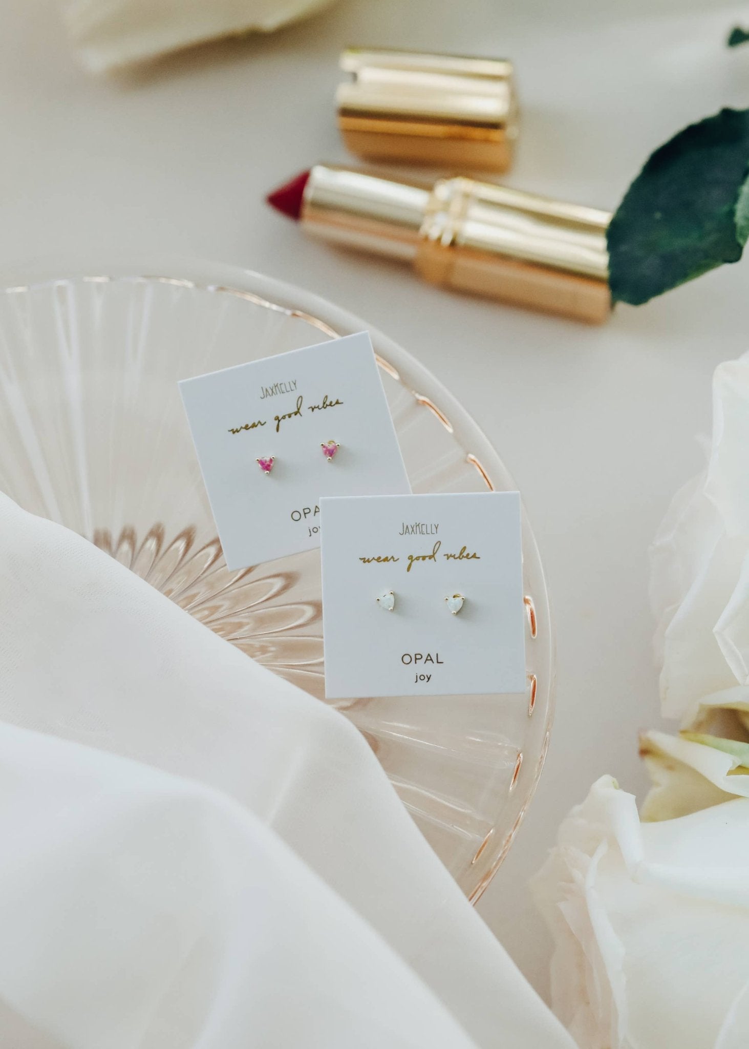 Tiny Pink Opal Heart Earring - Spiral Circle