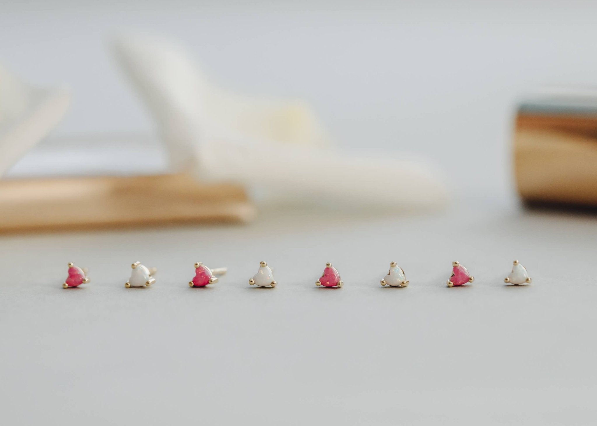 Tiny Pink Opal Heart Earring - Spiral Circle