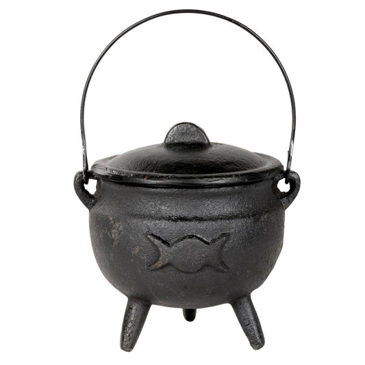 Triple Moon Cast Iron Cauldron With Lid - Spiral Circle