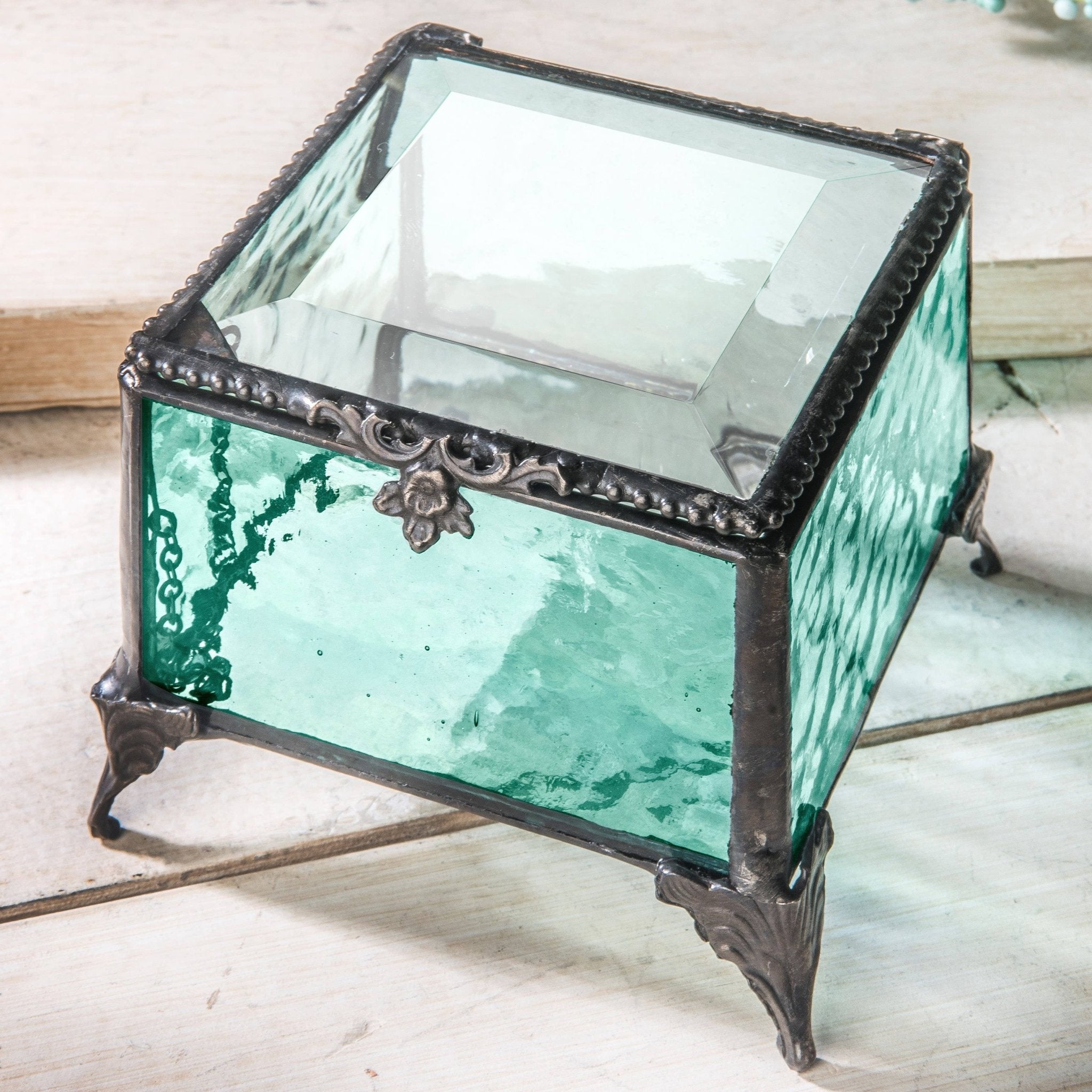 Turquoise Glass Decorative Jewelry Box - Spiral Circle