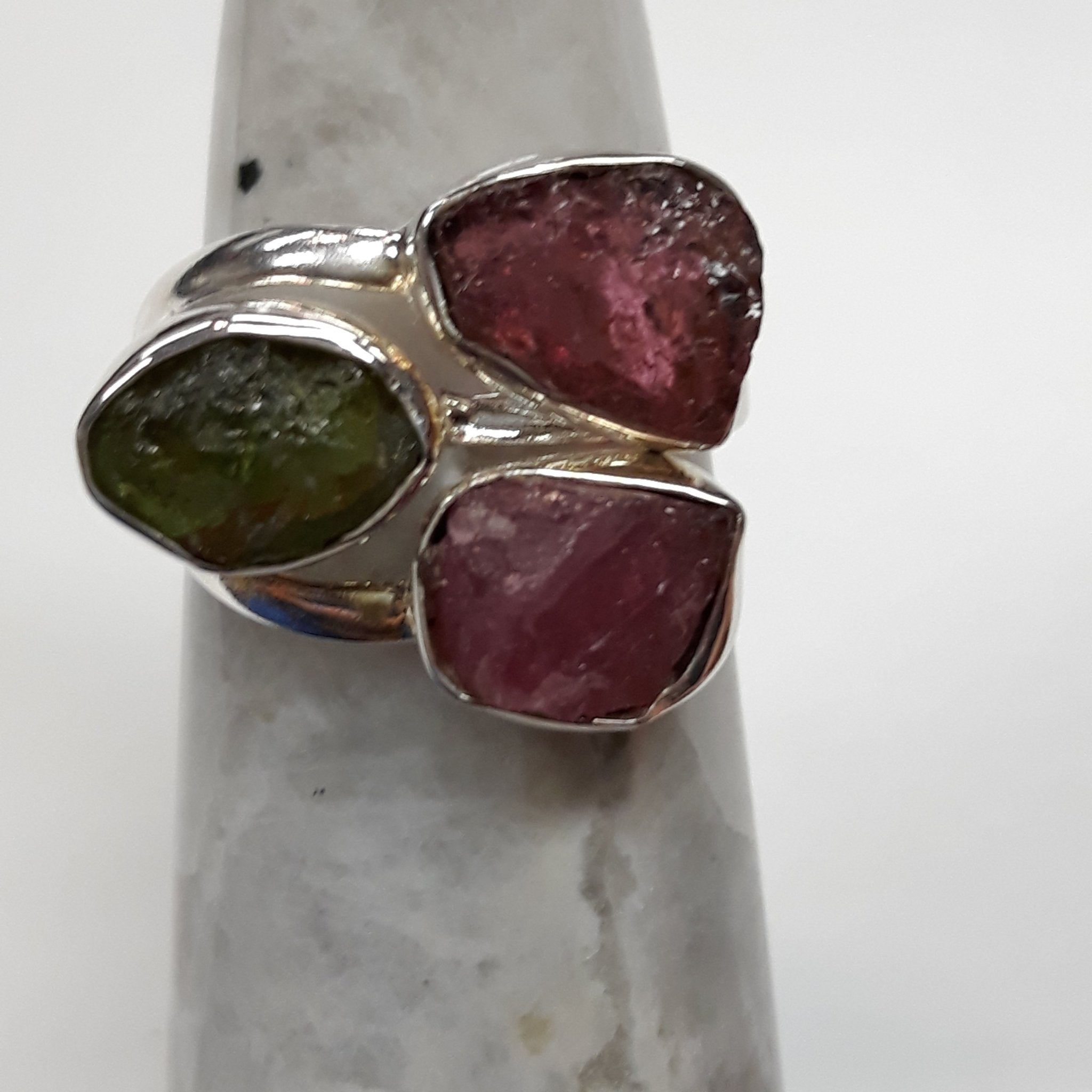 Watermelon Tourmaline Triple Divine Ring | Sterling Silver - Spiral Circle