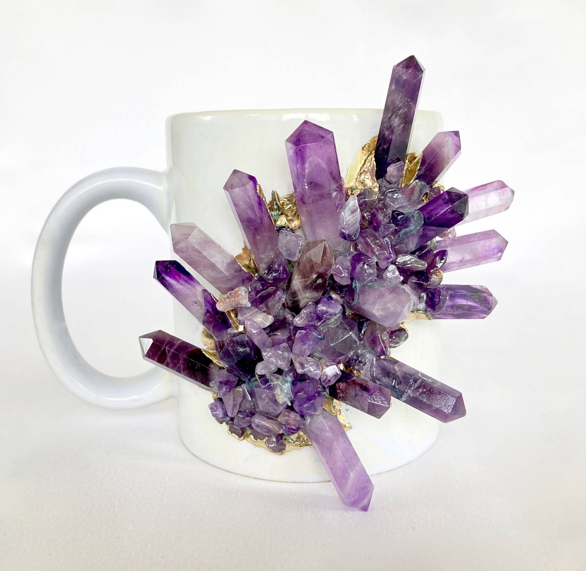 White Ceramic Mug, Gold Plated Purple Amethyst - Spiral Circle