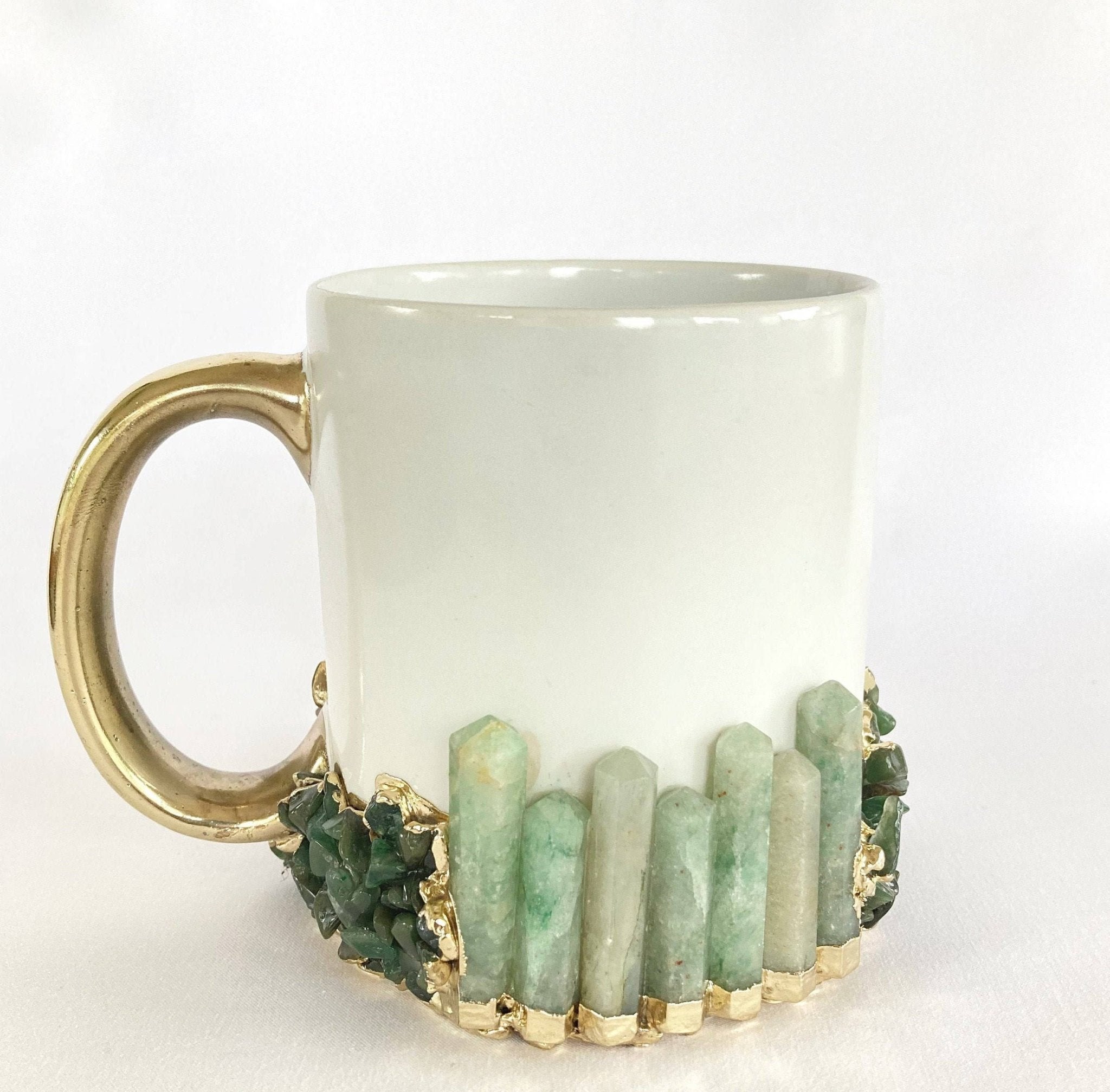White & Gold Ceramic Coffee Mug | Green Agate | 13oz - Spiral Circle