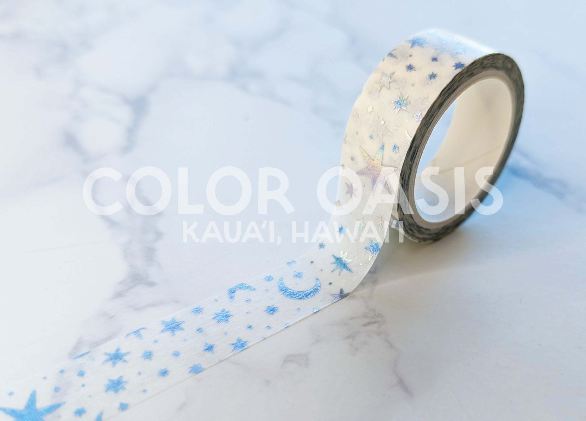 White Holographic Washi Tape Moon & Stars Foil Washi Tape - Spiral Circle