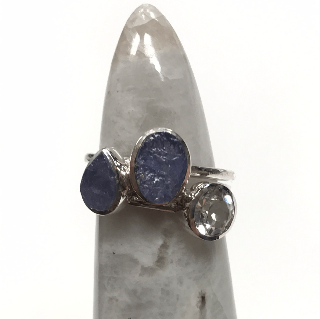 White Topaz & Raw Tanzanite Triple Stack Ring | Sterling Silver - Spiral Circle