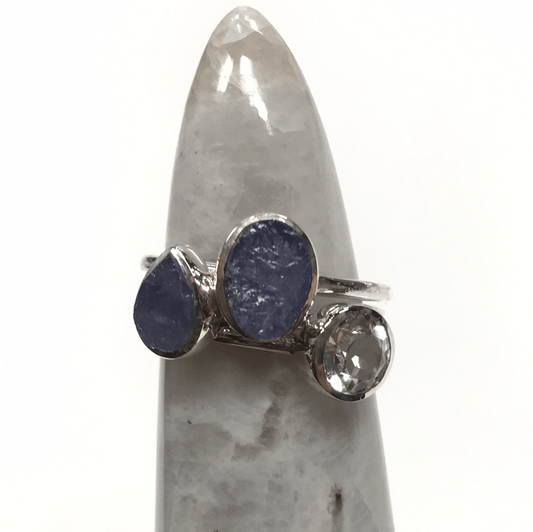 White Topaz & Raw Tanzanite Triple Stack Ring | Sterling Silver - Spiral Circle